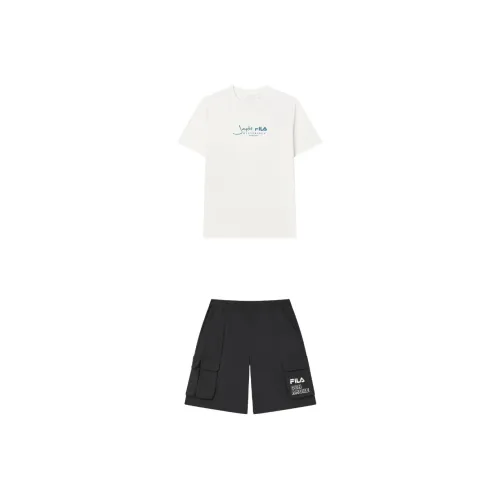 FILA Casual Sportswear Men Clothing Set Cloud White Top+Jet Black Shorts