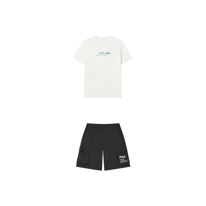 FILA Casual Sportswear Men Clothing Set Cloud White Top+Jet Black Shorts-0