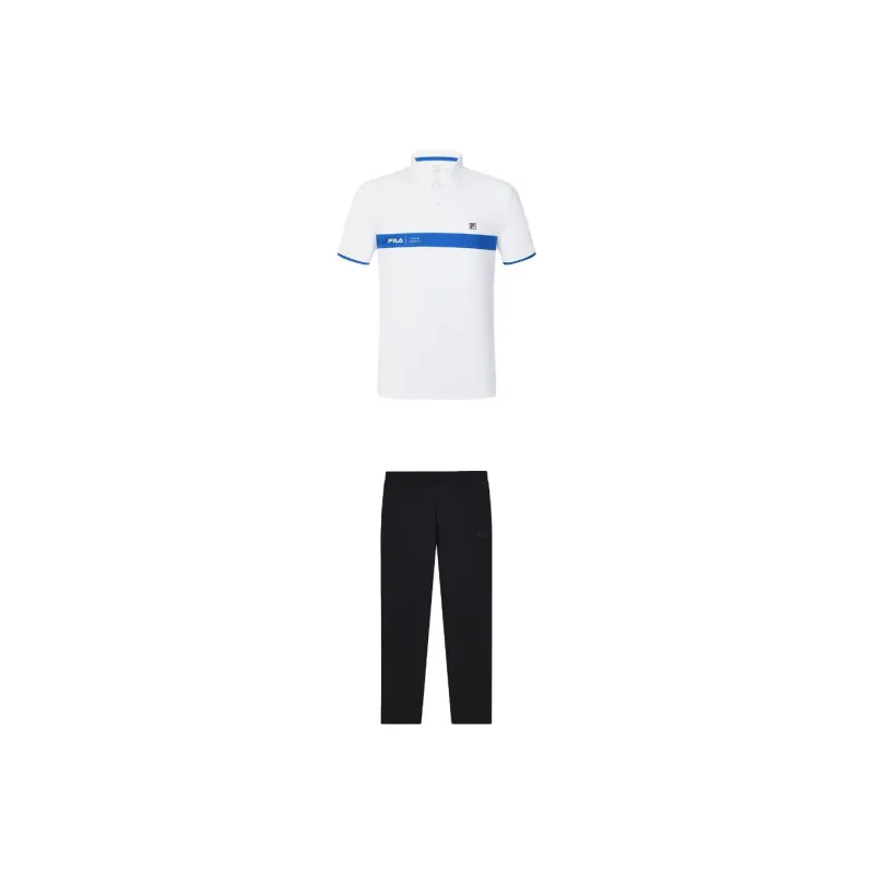 FILA Casual Sportswear Men Clothing Sets Jade White Short Sleeved+Legend Blue Pants-0
