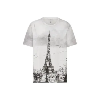 DIOR Paris Eiffel Tower Print Crew Neck Short-Sleeved T-Shirt Women's White