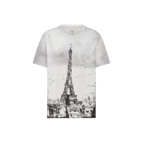 DIOR Paris Eiffel Tower Print Crew Neck Short-Sleeved T-Shirt Women's White