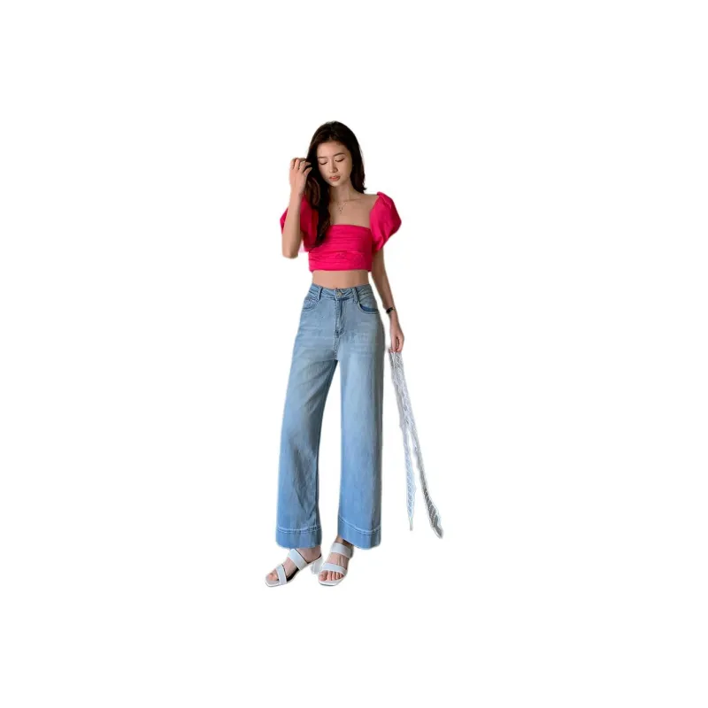 Mu Xiao Xin Jeans Women's Blue With Lace Trims-1