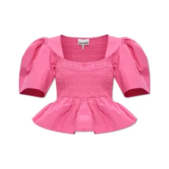 GANNI Peplum-Waist Ruffled Hem Cropped Blouse