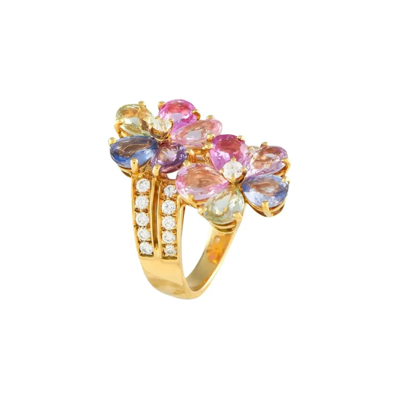 BVLGARI 18K Yellow Gold Flower Diamond And Sapphire Ring-2