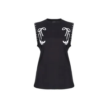 PINKO Embroidered Crew Neck Cinched Waist Sleeveless T Shirt Women's Black
