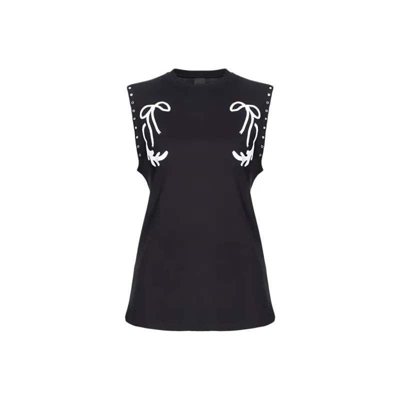PINKO Embroidered Crew Neck Cinched Waist Sleeveless T Shirt Women's Black-0