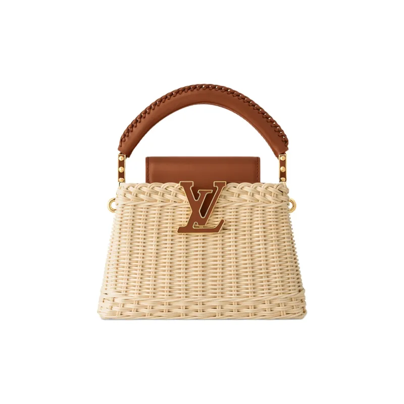 LOUIS VUITTON Capucines Rattan And Cow Leather Woven Bag, One Shoulder Handbag Mini Women's Beige & Brown-0