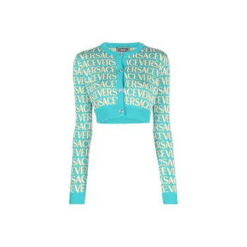 VERSACE Allover Logo Jacquard Button Up Cropped Cardigan