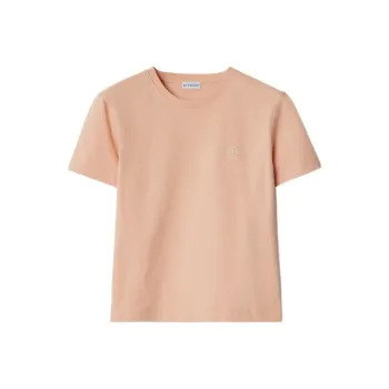 Burberry Solid Color Logo Embroidery Crew Neck Pullover Short Sleeved T Shirt Women's Pink