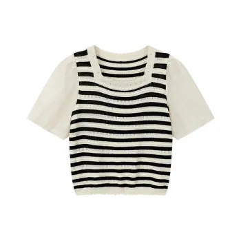 VIMLY T Shirt Women's Apricot With Black Stripes