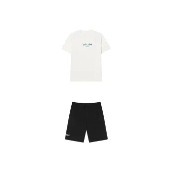 FILA Casual Sportswear Men Clothing Set Cloud White Top+Black Shorts