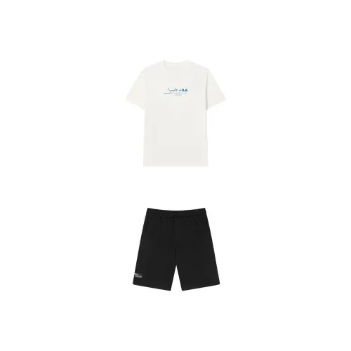 FILA Casual Sportswear Men Clothing Set Cloud White Top+Black Shorts