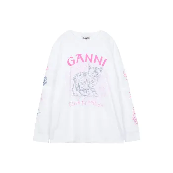 GANNI Light Jersey Cat Long Sleeve T Shirt 'Bright White'