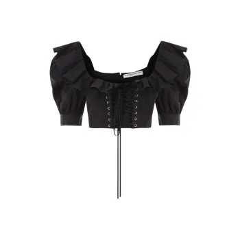 Alessandra Rich Ruffled Cropped Lace Up Blouse