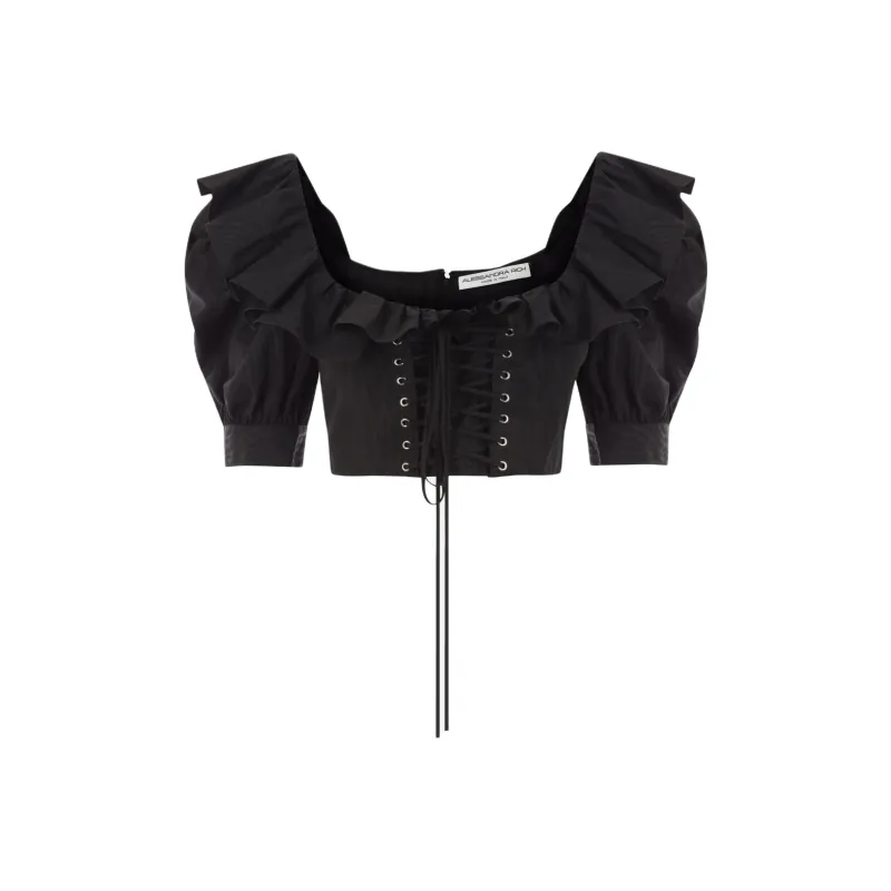 Alessandra Rich Ruffled Cropped Lace Up Blouse-0