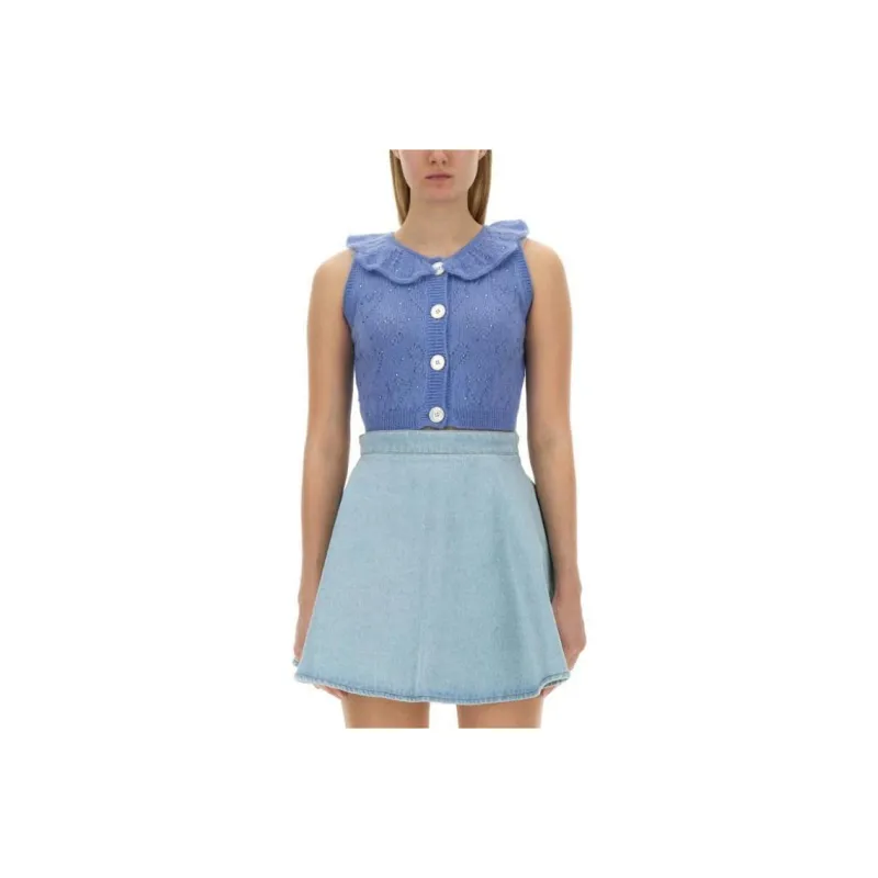 Alessandra Rich Ruffled Neck Cropped Knitted Sleeveless Top-0