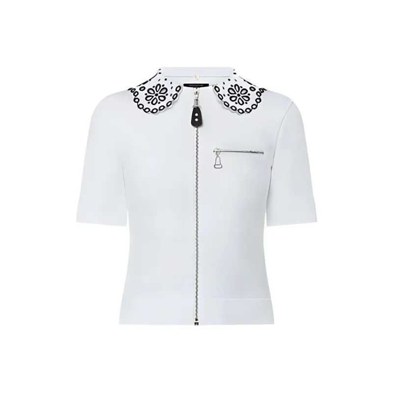 LOUIS VUITTON Broderie Collar Zip Up Knit Top-0