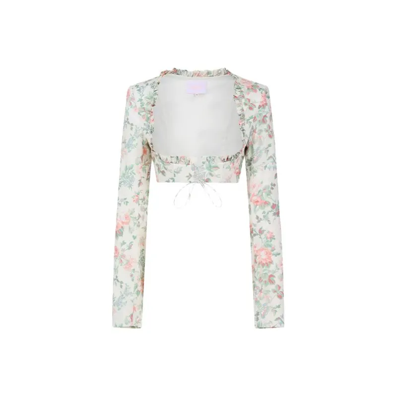 Selkie Collection FW23 Jacket Women's Light Apricot Base With Green Leaves Rose Print-0