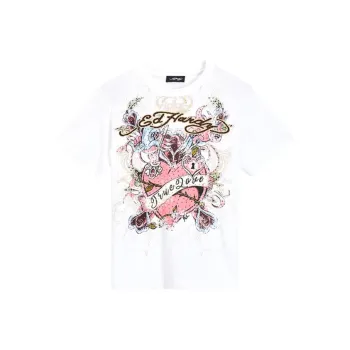 Ed Hardy Laser-Diamond Logo Print Loose Fit Crew Neck Short-Sleeved T-Shirt T-Shirt Women's White