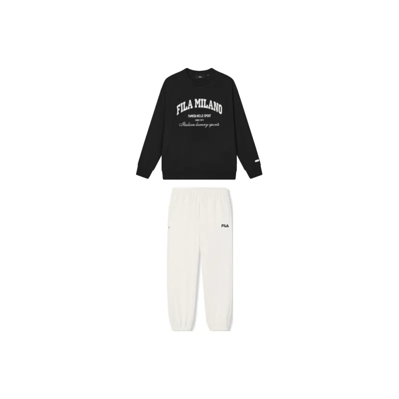 FILA Casual Sportswear Men Clothing Set Jet Black Top+Steam White Pants-0