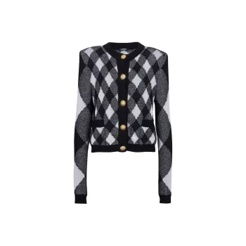 BALMAIN Check Patterned Round Neck Cardigan