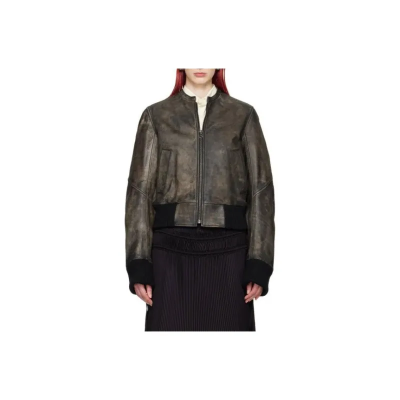 MM6 Maison Margiela Distressed Leather Bomber Jacket 'Brown'-0