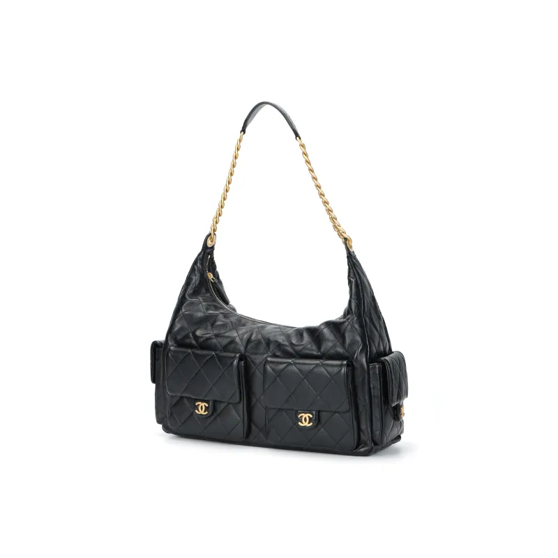 CHANEL Shiny Lambskin Hippie Bag, Motorcycle Bag, Shoulder Bag Women's Black-1