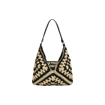 SUN EARTH &U PU With Straw Woven Shoulder Bag Women's Black/Khaki