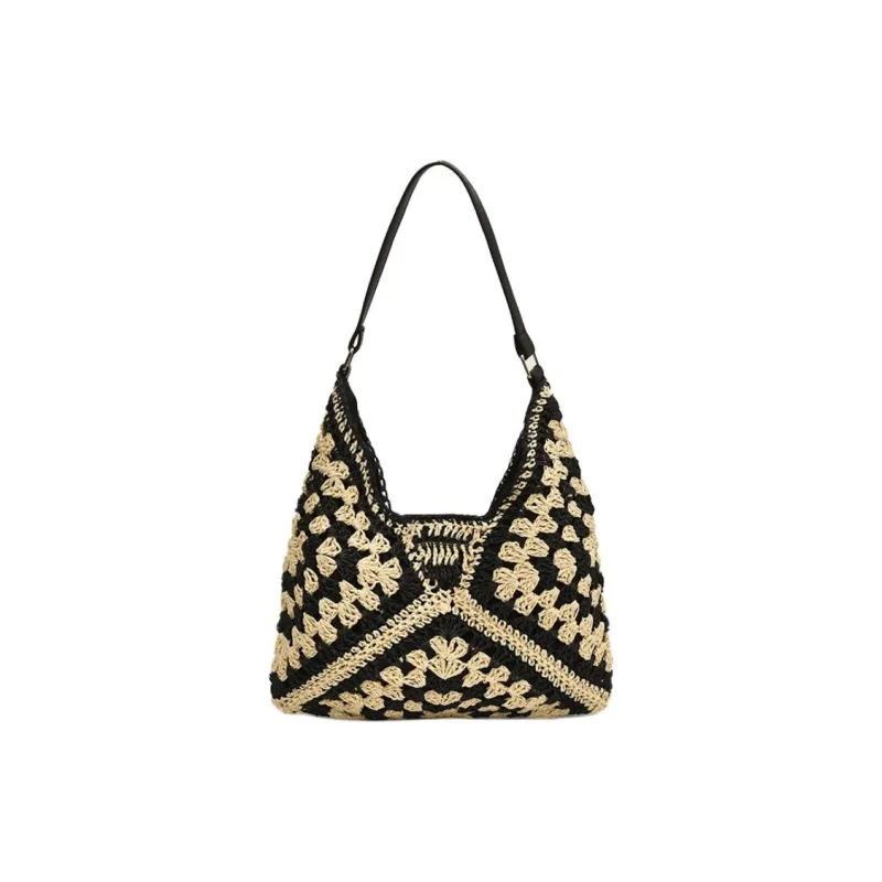 SUN EARTH &U PU With Straw Woven Shoulder Bag Women's Black/Khaki-0
