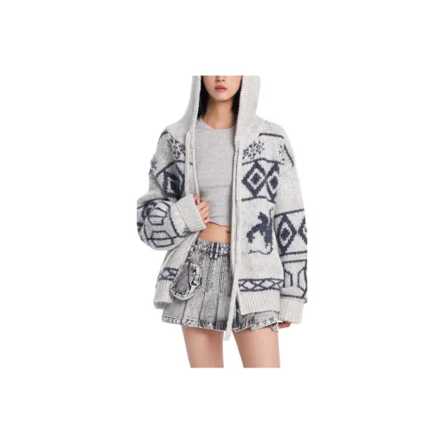 DRAGON FACE Knitwear Women's Beige Gray White With Light Blue Accents