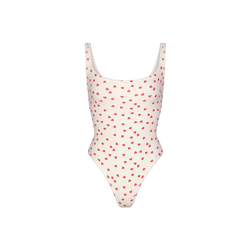 SKIMS Valentine's Day FITS EVERYBODY PICOT TRIM SQUARE NECK BODYSUIT Jumpsuit Women's Ruby Heart Print-0