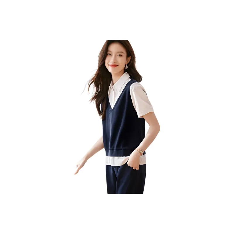 Mo Han Yi Mei Shirt Women's Navy Blue & White-0