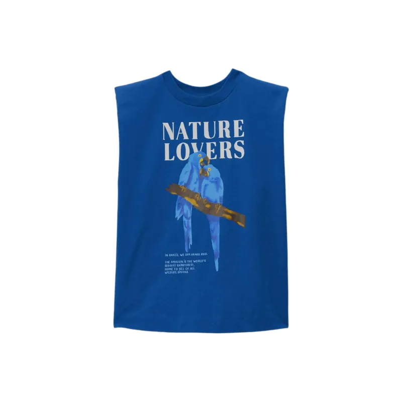 FARM RIO Logo Parrot Pattern All Over Print Crew Neck Sleeveless T-Shirt Women's Blue-0
