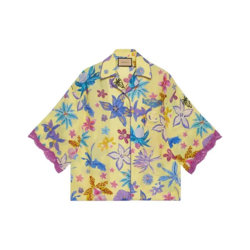 GUCCI Floral Collared Drop Shoulder Top Bright Yellow-0