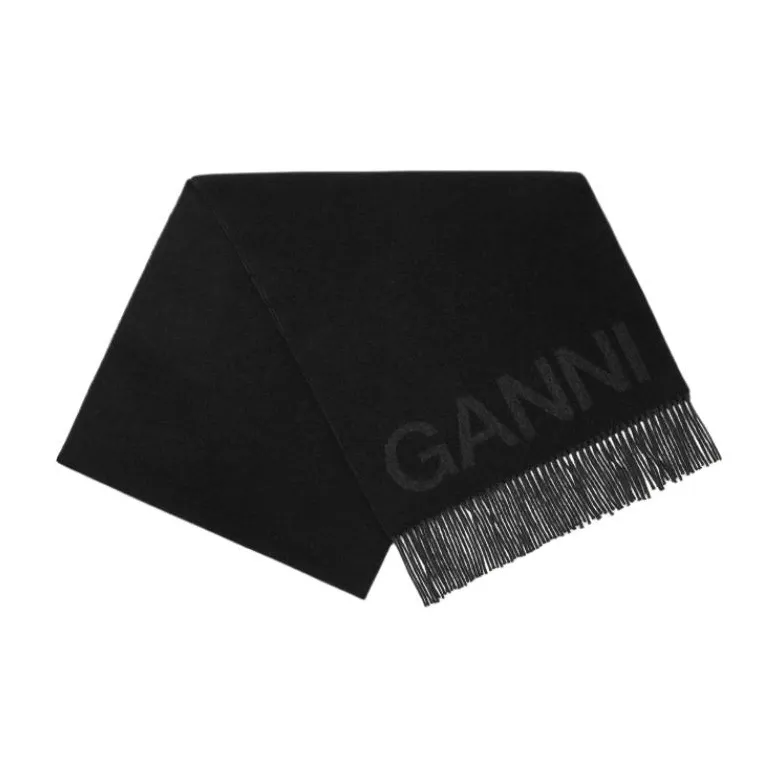 GANNI Wool, Recycled Fiber Knit Scarves Unisex Black-1