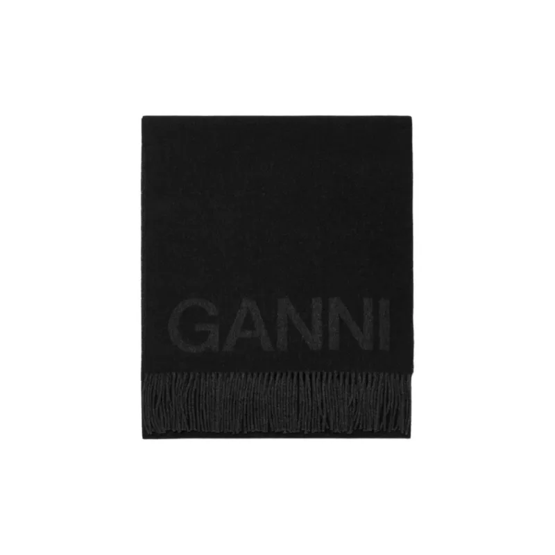 GANNI Wool, Recycled Fiber Knit Scarves Unisex Black-2