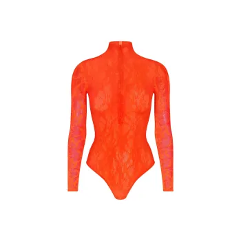 SKIMS STRETCH LACE LINED LONG SLEEVE THONG BODYSUIT Bodysuits Women's Sunset