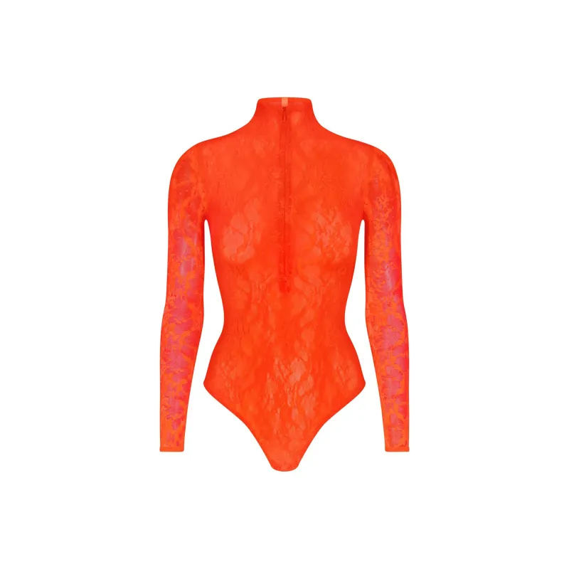 SKIMS STRETCH LACE LINED LONG SLEEVE THONG BODYSUIT Bodysuits Women's Sunset-0