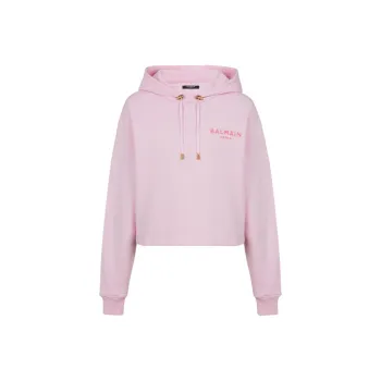 BALMAIN Flocked Logo Cropped Hoodie