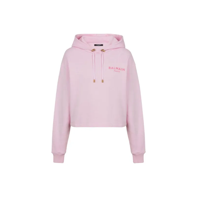 BALMAIN Flocked Logo Cropped Hoodie-0