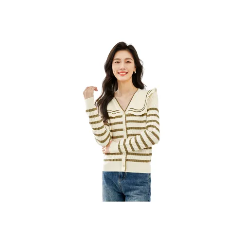 VIMLY Knitwear Women's Apricot Green Stripes