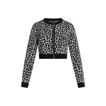MICHAEL KORS Leopard Jacquard Knit Zip Cardigan