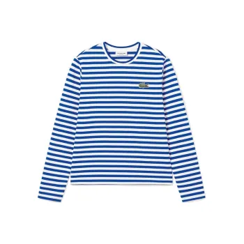 LACOSTE T Shirt Women's White Blue Stripes
