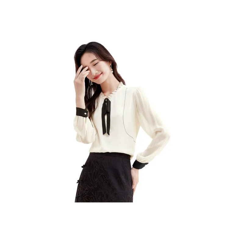 SENTUBILA Chiffon Shirts Women's Beige Apricot-0