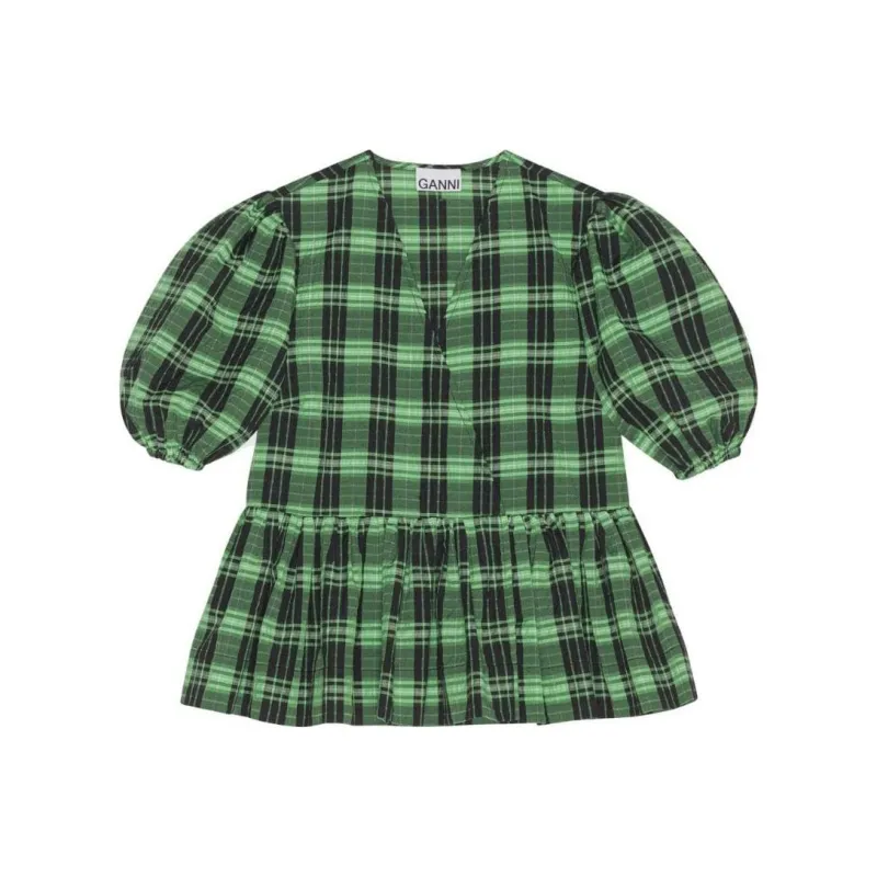 GANNI Seersucker Checked Wrapped Blouse-0