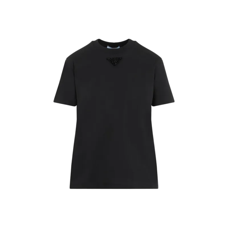 PRADA Solid Color Logo Emblem Round Neck Pullover Short Sleeved T Shirt Women's Smoke Gray-0