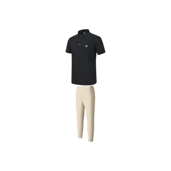 FILA Casual Sportswear Men Clothing Set Pitch Black Top+Wheat Brown Pants