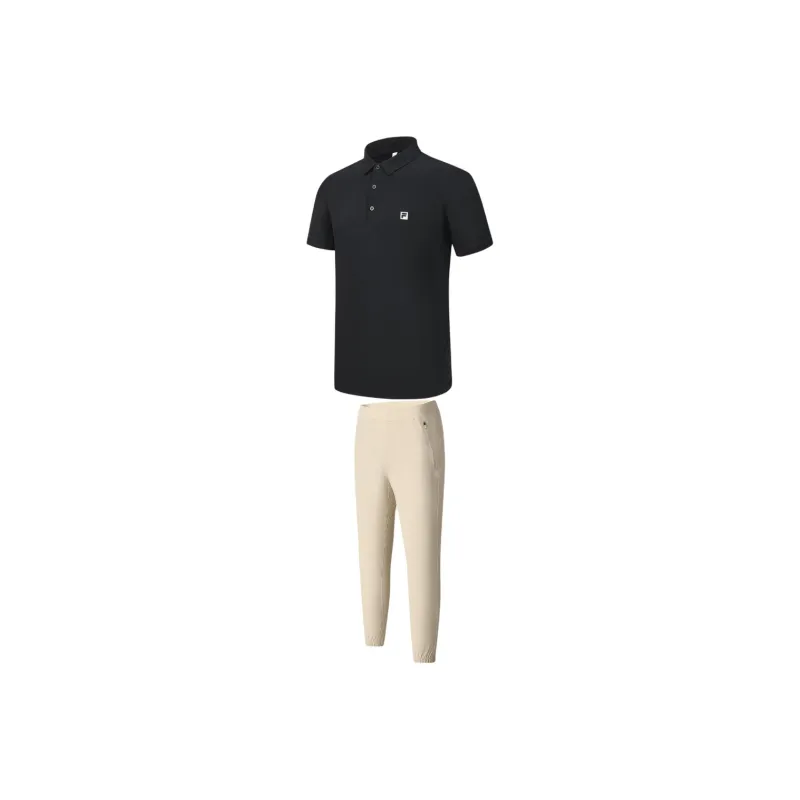 FILA Casual Sportswear Men Clothing Set Pitch Black Top+Wheat Brown Pants-0