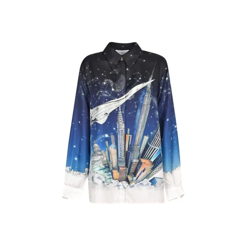CASABLANCA Vol De Nuit Silk Twill Button Down Shirt 'Blue'-0