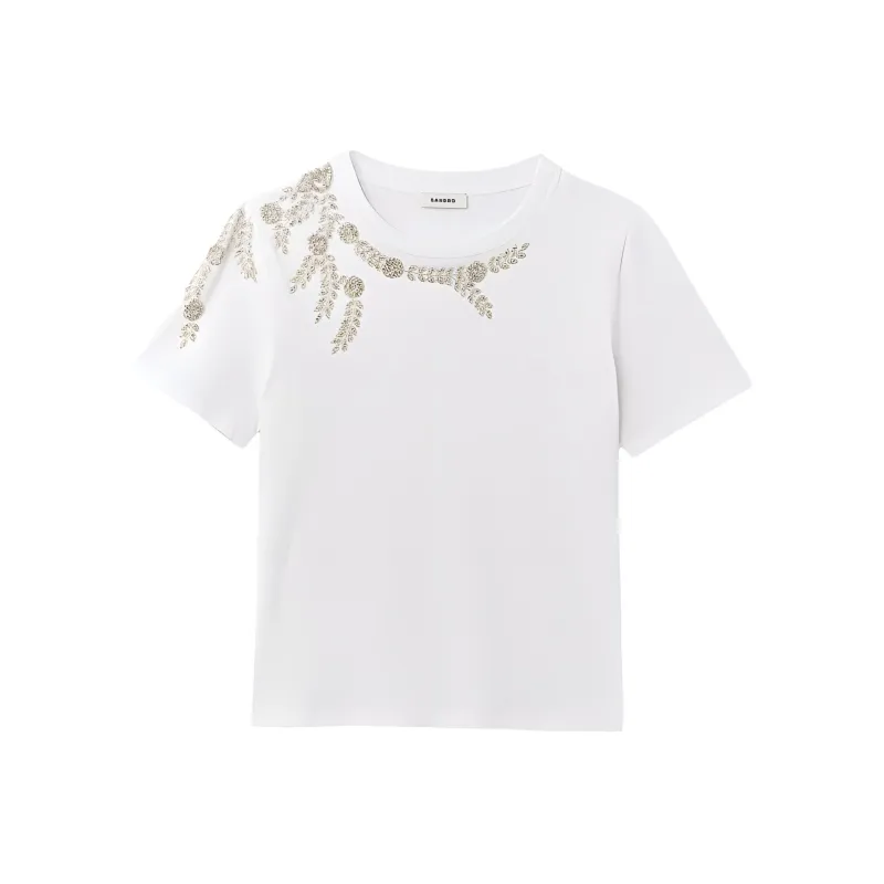 Sandro Floral Rhinestone embellished T shirt-0